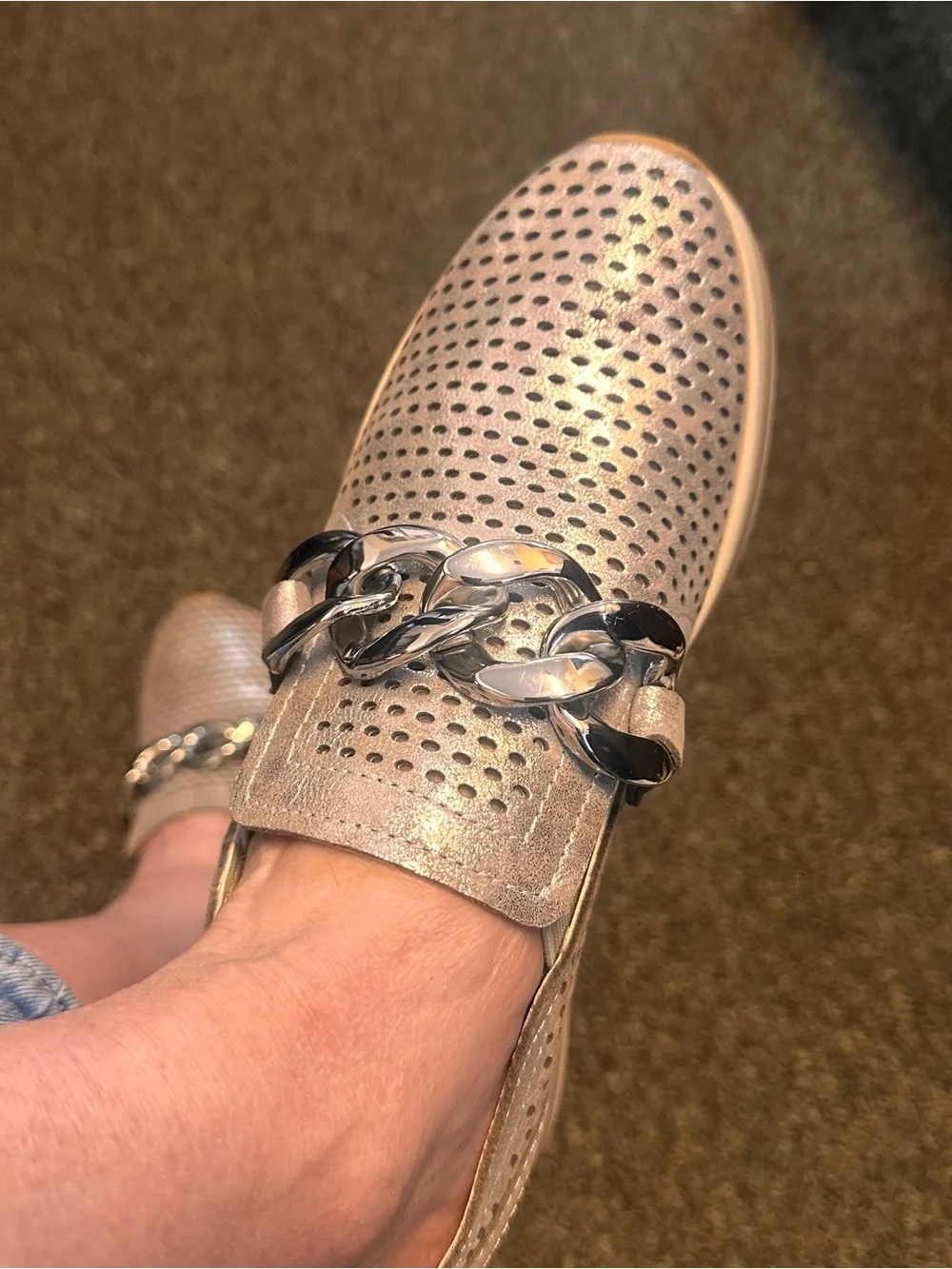 Dolce Vita Metallic Silver Perforated Chain-Trim Wedge Loafers
